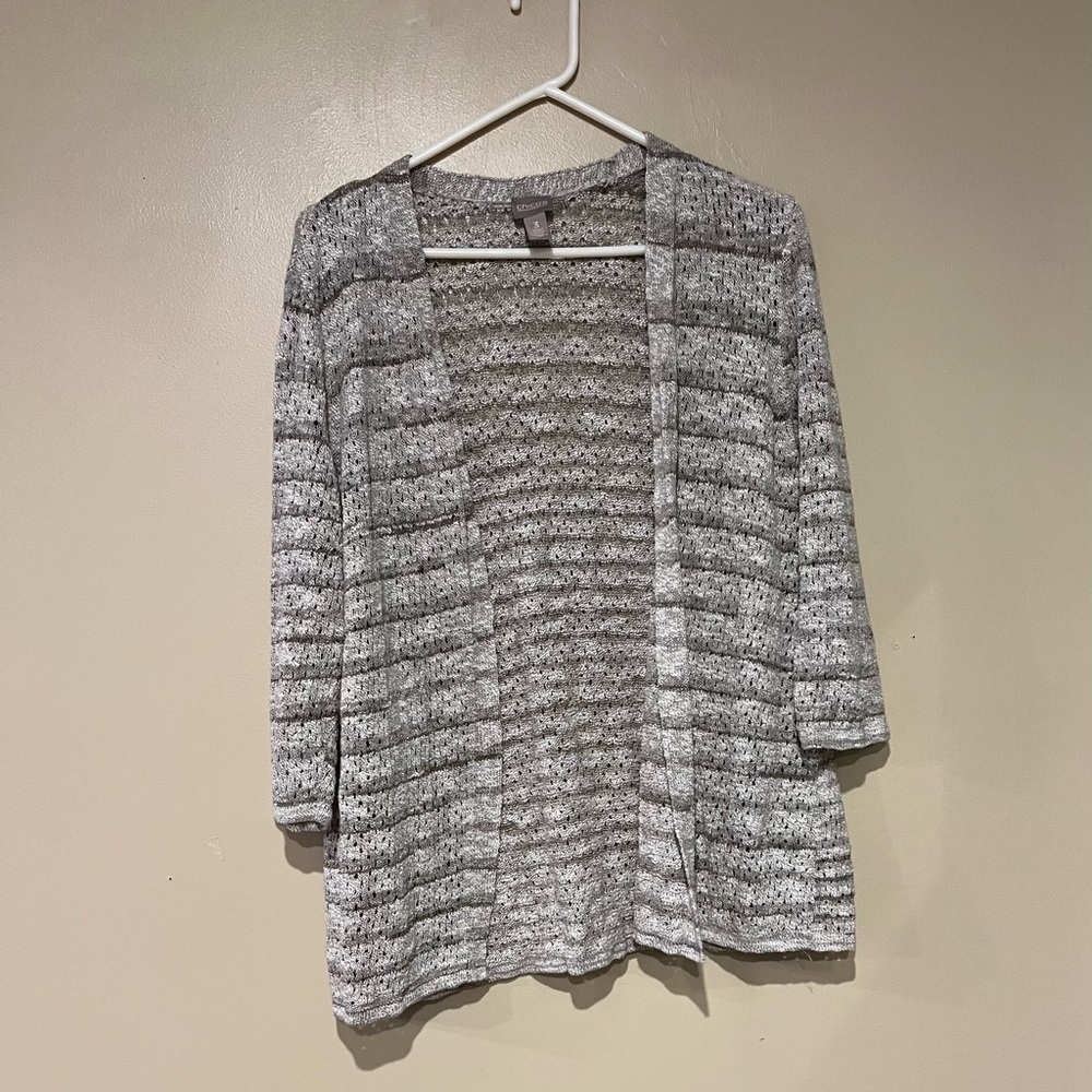 Chico's Women's Size 3 Cardigan Sweater Beige 3/4 Sleeve Striped Cotton Blend